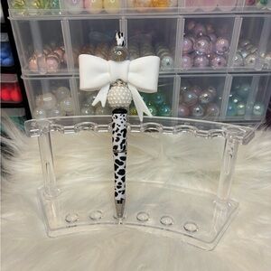 White Bow Cow Print Beaded Ballpoint Pen
